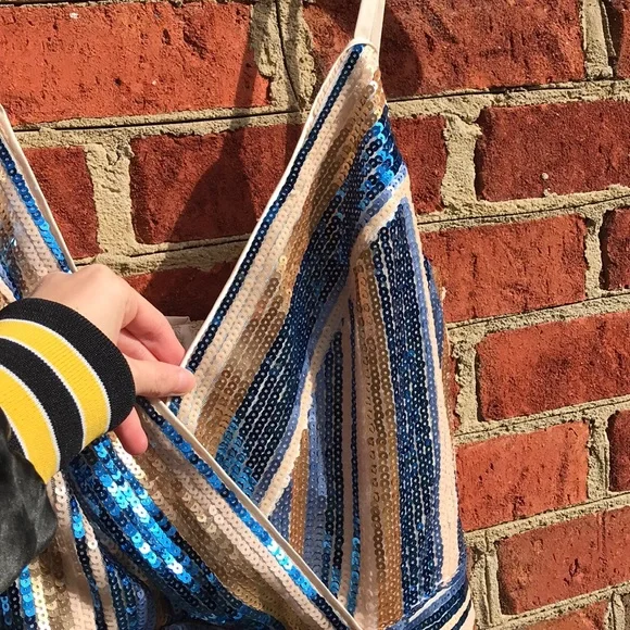 RYSE X Revolve Blue & Gold Sequin Wrap Mini Dress - Picture 7 of 16